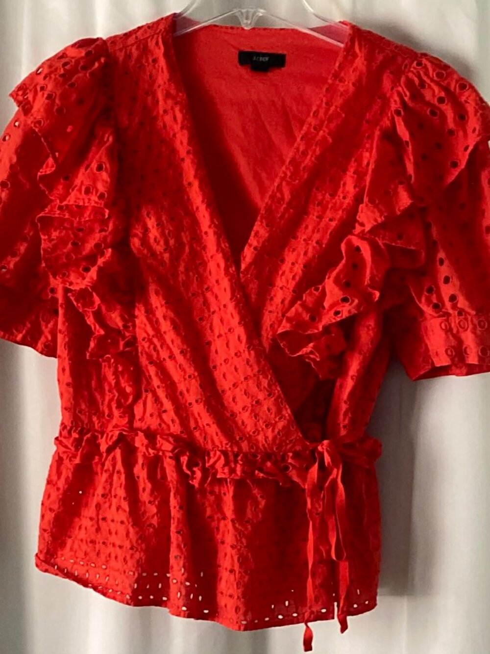 J. Crew Orange Eyelet Wrap Top Women M Ruffle Puff Sleeve Peplum Tie Waist Boho